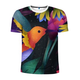 Мужская футболка 3D спортивная с принтом Колибри в Тюмени, 100% полиэстер с улучшенными характеристиками | приталенный силуэт, круглая горловина, широкие плечи, сужается к линии бедра | абстракция | колибри | цветы. краски