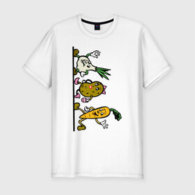 Мужская футболка хлопок Slim с принтом овощи в Тюмени, 92% хлопок, 8% лайкра | приталенный силуэт, круглый вырез ворота, длина до линии бедра, короткий рукав | еда | картошка | корнеплоды | морковь | мультфильм | овощи | прикольные картинки | чеснок