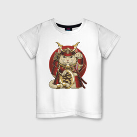 Детская футболка хлопок с принтом Кот Самурай в Тюмени, 100% хлопок | круглый вырез горловины, полуприлегающий силуэт, длина до линии бедер | cat | japan | ronin | samurai | воин | кот | котик | котэ | няшка | ронин | рыцарь | самурай | шлем | япония