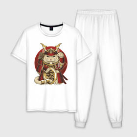 Мужская пижама хлопок с принтом Кот Самурай в Тюмени, 100% хлопок | брюки и футболка прямого кроя, без карманов, на брюках мягкая резинка на поясе и по низу штанин
 | Тематика изображения на принте: cat | japan | ronin | samurai | воин | кот | котик | котэ | няшка | ронин | рыцарь | самурай | шлем | япония