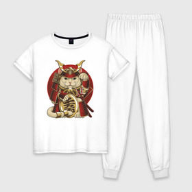 Женская пижама хлопок с принтом Кот Самурай в Тюмени, 100% хлопок | брюки и футболка прямого кроя, без карманов, на брюках мягкая резинка на поясе и по низу штанин | cat | japan | ronin | samurai | воин | кот | котик | котэ | няшка | ронин | рыцарь | самурай | шлем | япония