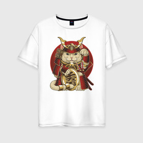 Женская футболка хлопок Oversize с принтом Кот Самурай в Тюмени, 100% хлопок | свободный крой, круглый ворот, спущенный рукав, длина до линии бедер
 | cat | japan | ronin | samurai | воин | кот | котик | котэ | няшка | ронин | рыцарь | самурай | шлем | япония