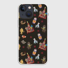 Чехол для iPhone 13 mini с принтом Москва символика в Тюмени,  |  | doodling | pattern | textures | tiles | балалайка | дудлинг | коллаж | кремль | матрешка | медведь | москва | паттерны | россия | тайлы | текстуры | фон