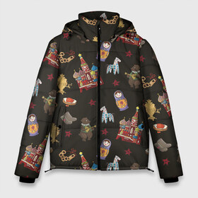 Мужская зимняя куртка 3D с принтом Москва символика в Тюмени, верх — 100% полиэстер; подкладка — 100% полиэстер; утеплитель — 100% полиэстер | длина ниже бедра, свободный силуэт Оверсайз. Есть воротник-стойка, отстегивающийся капюшон и ветрозащитная планка. 

Боковые карманы с листочкой на кнопках и внутренний карман на молнии. | Тематика изображения на принте: doodling | pattern | textures | tiles | балалайка | дудлинг | коллаж | кремль | матрешка | медведь | москва | паттерны | россия | тайлы | текстуры | фон