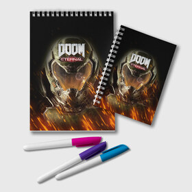 Блокнот с принтом DOOM ETERNAL в Тюмени, 100% бумага | 48 листов, плотность листов — 60 г/м2, плотность картонной обложки — 250 г/м2. Листы скреплены удобной пружинной спиралью. Цвет линий — светло-серый
 | demons | devil | doom | doom eternal | doom slayer | hell | slayer | ад | демоны | дум