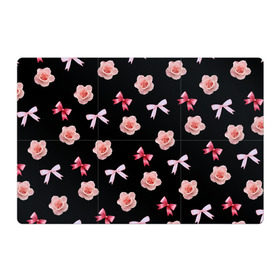 Магнитный плакат 3Х2 с принтом Бантики и розочки в Тюмени, Полимерный материал с магнитным слоем | 6 деталей размером 9*9 см | doodling | textures | tiles | атлас | бант | дудлинг | лента | роза | розовый | тайлы | текстуры | фон | цветок