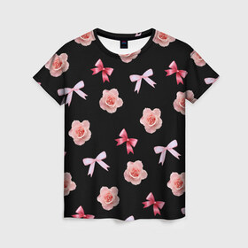 Женская футболка 3D с принтом Бантики и розочки в Тюмени, 100% полиэфир ( синтетическое хлопкоподобное полотно) | прямой крой, круглый вырез горловины, длина до линии бедер | doodling | textures | tiles | атлас | бант | дудлинг | лента | роза | розовый | тайлы | текстуры | фон | цветок
