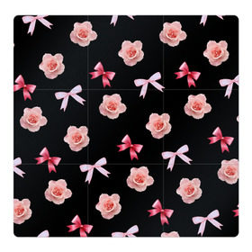 Магнитный плакат 3Х3 с принтом Бантики и розочки в Тюмени, Полимерный материал с магнитным слоем | 9 деталей размером 9*9 см | doodling | textures | tiles | атлас | бант | дудлинг | лента | роза | розовый | тайлы | текстуры | фон | цветок