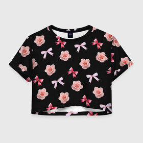 Женская футболка Crop-top 3D с принтом Бантики и розочки в Тюмени, 100% полиэстер | круглая горловина, длина футболки до линии талии, рукава с отворотами | doodling | textures | tiles | атлас | бант | дудлинг | лента | роза | розовый | тайлы | текстуры | фон | цветок