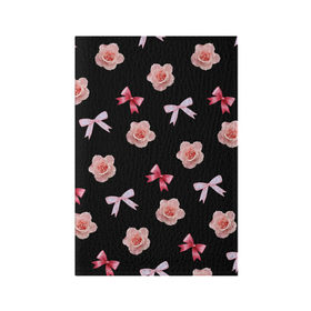 Обложка для паспорта матовая кожа с принтом Бантики и розочки в Тюмени, натуральная матовая кожа | размер 19,3 х 13,7 см; прозрачные пластиковые крепления | doodling | textures | tiles | атлас | бант | дудлинг | лента | роза | розовый | тайлы | текстуры | фон | цветок