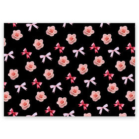 Поздравительная открытка с принтом Бантики и розочки в Тюмени, 100% бумага | плотность бумаги 280 г/м2, матовая, на обратной стороне линовка и место для марки
 | doodling | textures | tiles | атлас | бант | дудлинг | лента | роза | розовый | тайлы | текстуры | фон | цветок