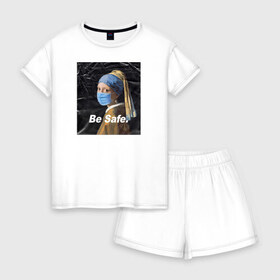 Женская пижама с шортиками хлопок с принтом Be Safe. в Тюмени, 100% хлопок | футболка прямого кроя, шорты свободные с широкой мягкой резинкой | апокалипсис | вирус | коронавирус | маска | пандемия | эпидемия