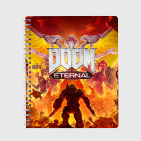 Тетрадь с принтом DOOM Eternal в Тюмени, 100% бумага | 48 листов, плотность листов — 60 г/м2, плотность картонной обложки — 250 г/м2. Листы скреплены сбоку удобной пружинной спиралью. Уголки страниц и обложки скругленные. Цвет линий — светло-серый
 | doom eternal | esport | game | дорога в ад | дум | дум энтернал | игра | кибердемон | киберспорт | тир