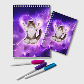 Блокнот с принтом Повелитель Молний Котэ в Тюмени, 100% бумага | 48 листов, плотность листов — 60 г/м2, плотность картонной обложки — 250 г/м2. Листы скреплены удобной пружинной спиралью. Цвет линий — светло-серый
 | Тематика изображения на принте: cat | cats | kitten | kitty | memes | nice | punk | rain | yoga | грозы | дождь | йога | кот | котик | котики | котэ | кошка | медитация | мем | мемы | милая | милый | молнии | панк | приколы | рок | рэп | трэш