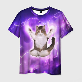 Мужская футболка 3D с принтом Повелитель Молний | Котэ в Тюмени, 100% полиэфир | прямой крой, круглый вырез горловины, длина до линии бедер | Тематика изображения на принте: cat | cats | kitten | kitty | memes | nice | punk | rain | yoga | грозы | дождь | йога | кот | котик | котики | котэ | кошка | медитация | мем | мемы | милая | милый | молнии | панк | приколы | рок | рэп | трэш