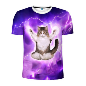 Мужская футболка 3D спортивная с принтом Повелитель Молний | Котэ в Тюмени, 100% полиэстер с улучшенными характеристиками | приталенный силуэт, круглая горловина, широкие плечи, сужается к линии бедра | cat | cats | kitten | kitty | memes | nice | punk | rain | yoga | грозы | дождь | йога | кот | котик | котики | котэ | кошка | медитация | мем | мемы | милая | милый | молнии | панк | приколы | рок | рэп | трэш