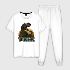 Мужская пижама хлопок с принтом T-Rex в Тюмени, 100% хлопок | брюки и футболка прямого кроя, без карманов, на брюках мягкая резинка на поясе и по низу штанин
 | Тематика изображения на принте: dino | dinosaurs | t rex | trex | вымирание | дино | динозавр | зубы | ледниковый | ледниковый период | мамонт | опасность | оскал | пасть | т рекс | ти рекс | тирекс | хвост | холод | чешуя