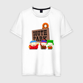 Мужская футболка хлопок с принтом South Park - персонажи с логотипом в Тюмени, 100% хлопок | прямой крой, круглый вырез горловины, длина до линии бедер, слегка спущенное плечо. | park | south | south park | картман | кени | они убили кени | парк | сволочи | южный | южный парк