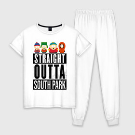 Женская пижама хлопок с принтом SOUTH PARK в Тюмени, 100% хлопок | брюки и футболка прямого кроя, без карманов, на брюках мягкая резинка на поясе и по низу штанин | animation | cartman | colorado | eric | gangsta | hip hop | kenny | n.w.a | san | south park | usa | жесть | кайл | картман | кенни | мультфильмы | шикарно | эрик | южный парк