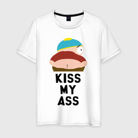 Мужская футболка хлопок с принтом KISS MY ASS в Тюмени, 100% хлопок | прямой крой, круглый вырез горловины, длина до линии бедер, слегка спущенное плечо. | Тематика изображения на принте: cartman | kenny | park | south | southpark | картман | кенни | мульт | мультик | парк | персонаж | персонажи | сериал | южный