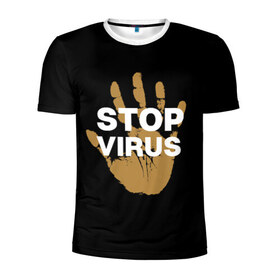 Мужская футболка 3D спортивная с принтом Stop Virus в Тюмени, 100% полиэстер с улучшенными характеристиками | приталенный силуэт, круглая горловина, широкие плечи, сужается к линии бедра | coronavirus | covid 19 | covid19 | virus | бактерии | болезнь | будь здоров | вирус | заболел | здоровье | инфекция | коронавирус | лечение | надпись | пандемия