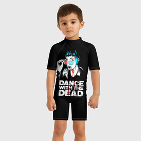 Детский купальный костюм 3D с принтом dance with the dead в Тюмени, Полиэстер 85%, Спандекс 15% | застежка на молнии на спине | dance with the dead | группа | джастин поинтер | калифорнийский электронный дуэт | синтвейв | тони ким