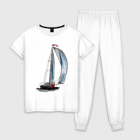 Женская пижама хлопок с принтом Парусник в Тюмени, 100% хлопок | брюки и футболка прямого кроя, без карманов, на брюках мягкая резинка на поясе и по низу штанин | арт | корабль | лодка | парус | парусник