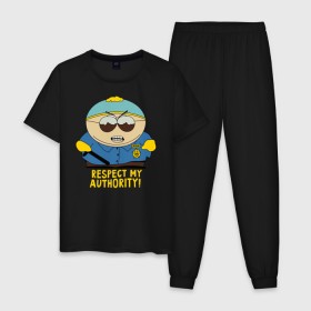 Мужская пижама хлопок с принтом South Park, Эрик Картман в Тюмени, 100% хлопок | брюки и футболка прямого кроя, без карманов, на брюках мягкая резинка на поясе и по низу штанин
 | Тематика изображения на принте: eric cartman | respect my authority | south park | эрик картман | южный парк