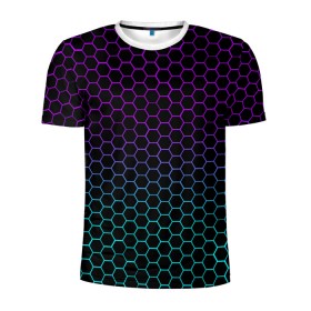 Мужская футболка 3D спортивная с принтом НЕОНОВЫЕ СОТЫ в Тюмени, 100% полиэстер с улучшенными характеристиками | приталенный силуэт, круглая горловина, широкие плечи, сужается к линии бедра | abstraction | cyberpunk | geometry | hexagon | neon | stripes | techno | texture | triangle | абстракция | геометрия | краски | неон | неоновый | сетка | соты | стальная броня | текстура