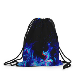 Рюкзак-мешок 3D с принтом СИНИЙ ОГОНЬ ГЛИТЧ | BLUE FIRE GLITCH в Тюмени, 100% полиэстер | плотность ткани — 200 г/м2, размер — 35 х 45 см; лямки — толстые шнурки, застежка на шнуровке, без карманов и подкладки | Тематика изображения на принте: abstraction | fire | flame | geometry | hexagon | neon | paints | stripes | texture | triangle | абстракция | брызги | геометрия | краски | неон | неоновый | огонь | соты | текстура