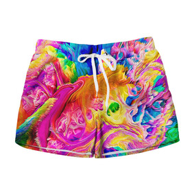 Женские шорты 3D с принтом TIE DYE в Тюмени, 100% полиэстер | прямой крой, два кармана без застежек по бокам. Мягкая трикотажная резинка на поясе, внутри которой широкие завязки. Длина до середины бедра | abstraction | geometry | hexagon | neon | paints | stripes | texture | tie dye | triangle | абстракция | брызги | геометрия | краски | неон | неоновый | соты | тай дай | текстура