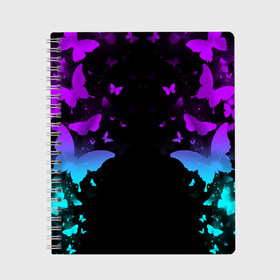 Тетрадь с принтом НЕОНОВЫЕ БАБОЧКИ в Тюмени, 100% бумага | 48 листов, плотность листов — 60 г/м2, плотность картонной обложки — 250 г/м2. Листы скреплены сбоку удобной пружинной спиралью. Уголки страниц и обложки скругленные. Цвет линий — светло-серый
 | Тематика изображения на принте: abstraction | butterfly | geometry | hexagon | neon | paints | stripes | texture | triangle | абстракция | бабочки | брызги | геометрия | краски | неон | неоновый | соты | текстура