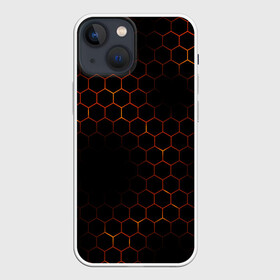 Чехол для iPhone 13 mini с принтом ОГНЕННЫЕ СОТЫ | FIRE COMBS в Тюмени,  |  | abstraction | geometry | hexagon | neon | paints | stripes | texture | triangle | абстракция | брызги | геометрия | краски | неон | неоновый | соты | текстура