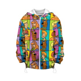 Детская куртка 3D с принтом Scooby-Doo Сharacters в Тюмени, 100% полиэстер | застежка — молния, подол и капюшон оформлены резинкой с фиксаторами, по бокам — два кармана без застежек, один потайной карман на груди, плотность верхнего слоя — 90 г/м2; плотность флисового подклада — 260 г/м2 | Тематика изображения на принте: fred jones | scooby doo | vdosadir | velma dinkle | велма динкли | дафна блейк | скуберт фон дуенхеймер | скуби ду | уильям ханна | фред джонс