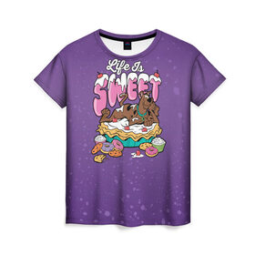 Женская футболка 3D с принтом Life is Sweet в Тюмени, 100% полиэфир ( синтетическое хлопкоподобное полотно) | прямой крой, круглый вырез горловины, длина до линии бедер | scooby doo | vdosadir | скуберт фон дуенхеймер | скуби ду | сладости | уильям ханна