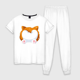 Женская пижама хлопок с принтом Милый корги в Тюмени, 100% хлопок | брюки и футболка прямого кроя, без карманов, на брюках мягкая резинка на поясе и по низу штанин | Тематика изображения на принте: corgi | корги | маленькая собачка | милый | милый корги | рыжая | рыжая собачка | собака | собачка | такси