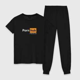 Женская пижама хлопок с принтом PornHub premium в Тюмени, 100% хлопок | брюки и футболка прямого кроя, без карманов, на брюках мягкая резинка на поясе и по низу штанин | Тематика изображения на принте: premium | бесплатный прем | прем | премиальная | премиум | премиумная