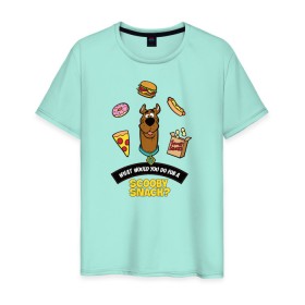 Мужская футболка хлопок с принтом Scooby Snack в Тюмени, 100% хлопок | прямой крой, круглый вырез горловины, длина до линии бедер, слегка спущенное плечо. | scooby doo | vdosadir | еда | пицца | скуберт фон дуенхеймер | скуби ду | уильям ханна