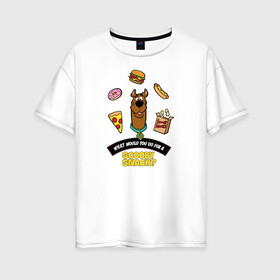 Женская футболка хлопок Oversize с принтом Scooby Snack в Тюмени, 100% хлопок | свободный крой, круглый ворот, спущенный рукав, длина до линии бедер
 | Тематика изображения на принте: scooby doo | vdosadir | еда | пицца | скуберт фон дуенхеймер | скуби ду | уильям ханна
