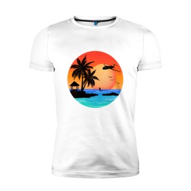 Мужская футболка премиум с принтом Закат на море в Тюмени, 92% хлопок, 8% лайкра | приталенный силуэт, круглый вырез ворота, длина до линии бедра, короткий рукав | закат | лодка | море | океан | отдых | отпуск | пальма | птицы | самолет | солнце | яркая