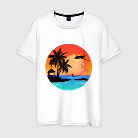 Мужская футболка хлопок с принтом Закат на море в Тюмени, 100% хлопок | прямой крой, круглый вырез горловины, длина до линии бедер, слегка спущенное плечо. | Тематика изображения на принте: закат | лодка | море | океан | отдых | отпуск | пальма | птицы | самолет | солнце | яркая