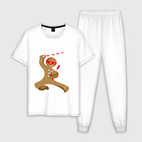 Мужская пижама хлопок с принтом Пряничный ниндзя в Тюмени, 100% хлопок | брюки и футболка прямого кроя, без карманов, на брюках мягкая резинка на поясе и по низу штанин
 | Тематика изображения на принте: айкидо | кунг фу | ниндзя | пряничный человечек