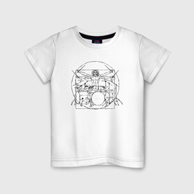 Детская футболка хлопок с принтом Витрувианский барабанщик в Тюмени, 100% хлопок | круглый вырез горловины, полуприлегающий силуэт, длина до линии бедер | Тематика изображения на принте: барабанщик | витрувианский человек | да винчи | рок | ударные