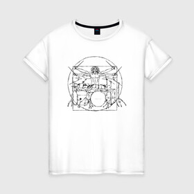 Женская футболка хлопок с принтом Витрувианский барабанщик в Тюмени, 100% хлопок | прямой крой, круглый вырез горловины, длина до линии бедер, слегка спущенное плечо | Тематика изображения на принте: барабанщик | витрувианский человек | да винчи | рок | ударные