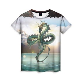 Женская футболка 3D с принтом Дракон в Тюмени, 100% полиэфир ( синтетическое хлопкоподобное полотно) | прямой крой, круглый вырез горловины, длина до линии бедер | dragon | monster | драго | дракон | космический дракон | монстр | огнедыщащий | прикольная картинка | чудовище | японский дракон | ящерица