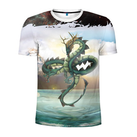 Мужская футболка 3D спортивная с принтом Дракон в Тюмени, 100% полиэстер с улучшенными характеристиками | приталенный силуэт, круглая горловина, широкие плечи, сужается к линии бедра | dragon | monster | драго | дракон | космический дракон | монстр | огнедыщащий | прикольная картинка | чудовище | японский дракон | ящерица