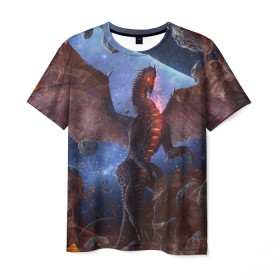 Мужская футболка 3D с принтом SPACE FIRE DRAGO в Тюмени, 100% полиэфир | прямой крой, круглый вырез горловины, длина до линии бедер | dragon | fire | monster | space | драго | дракон | космический | космос | монстр | огнедыщащий | огонь | прикольная картинка | чудовище | ящерица