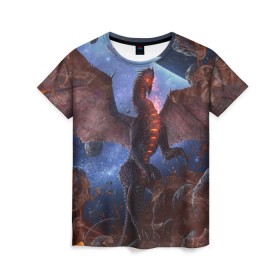 Женская футболка 3D с принтом SPACE FIRE DRAGO в Тюмени, 100% полиэфир ( синтетическое хлопкоподобное полотно) | прямой крой, круглый вырез горловины, длина до линии бедер | dragon | fire | monster | space | драго | дракон | космический | космос | монстр | огнедыщащий | огонь | прикольная картинка | чудовище | ящерица