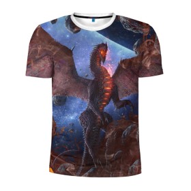 Мужская футболка 3D спортивная с принтом SPACE FIRE DRAGO в Тюмени, 100% полиэстер с улучшенными характеристиками | приталенный силуэт, круглая горловина, широкие плечи, сужается к линии бедра | dragon | fire | monster | space | драго | дракон | космический | космос | монстр | огнедыщащий | огонь | прикольная картинка | чудовище | ящерица