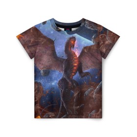 Детская футболка 3D с принтом SPACE FIRE DRAGO в Тюмени, 100% гипоаллергенный полиэфир | прямой крой, круглый вырез горловины, длина до линии бедер, чуть спущенное плечо, ткань немного тянется | dragon | fire | monster | space | драго | дракон | космический | космос | монстр | огнедыщащий | огонь | прикольная картинка | чудовище | ящерица